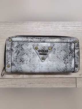 Guess Snake-Print Zip Wallet in Gray and Black with Gold Accents